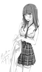Rule 34 | 1girl, artist name, blush, bra, breasts, checkered clothes, checkered skirt, collarbone, commentary request, cowboy shot, dated, frilled bra, frills, glasses, greyscale, highres, long hair, looking at viewer, medium breasts, monochrome, necktie, nipple slip, nipples, open mouth, original, pleated skirt, rimless eyewear, shirt, simple background, skirt, solo, standing, tabata hisayuki, thighhighs, underwear, undressing, white background
