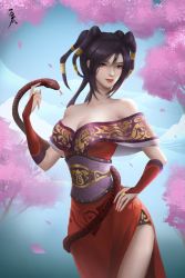 Rule 34 | 1girl, bare shoulders, black hair, blue background, branch, cherry blossoms, chi lian (qin shi ming yue), closed mouth, cloud, dress, falling petals, gloves, hair ornament, hand on own hip, highres, looking to the side, medium hair, multi-tied hair, off-shoulder dress, off shoulder, partially fingerless gloves, petals, qinshi mingyue, red dress, sash, skirt cutout, smile, snake, solo, upper body, wode xigua weishenme meiyou gua rang
