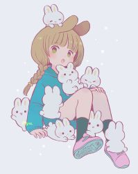 Rule 34 | 1girl, :o, animal, animal ears, arm support, ayu (mog), blue sweater, blunt bangs, blush, braid, brown hair, full body, green eyes, grey background, hand on own knee, long hair, long sleeves, open mouth, original, pink footwear, rabbit, rabbit ears, shoes, signature, sitting, sneakers, solid circle eyes, sweater, too many, too many rabbits, twin braids, twintails