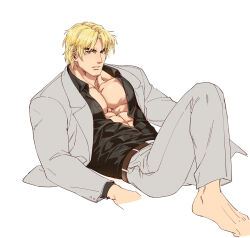 Rule 34 | 1boy, alternate costume, bara, belt, blonde hair, buttoned cuffs, buttons, expressionless, formal, grey suit, ken masters, looking at viewer, male focus, muscular, muscular male, partially unbuttoned, pectoral cleavage, pectorals, short hair, sitting, solo, street fighter, suit, thick eyebrows, unfinished, yuiofire