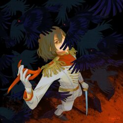 Rule 34 | 1boy, akechi gorou, belt, bird, brown footwear, brown hair, commentary, crow, cyamikko, english commentary, epaulettes, formal, from above, gloves, hair between eyes, highres, holding, holding mask, holding sword, holding weapon, jacket, long sleeves, looking at viewer, male focus, mask, pants, persona, persona 5, red eyes, shoes, short hair, solo, standing, suit, sword, too many, too many birds, weapon, white gloves, white jacket, white pants, yellow belt