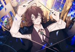 Rule 34 | 1boy, abstract background, albert parker, conductor baton, black cape, bolo tie, brown hair, brown vest, cape, collared shirt, gem, green eyes, green gemstone, hair between eyes, hands up, highres, holding, holding wand, indie virtual youtuber, library of ruina, long hair, looking at viewer, low ponytail, male focus, mole, mole under mouth, monocle, parted lips, project moon, shirt, solo, string, upper body, vest, virtual youtuber, wand, white shirt, yasuihiruya
