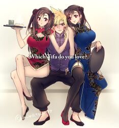 Rule 34 | 1boy, 2girls, bare shoulders, black footwear, black pants, black thighhighs, blonde hair, blue dress, blue eyes, blush, breasts, brown hair, china dress, chinese clothes, cleavage, cleavage cutout, clothing cutout, cloud strife, double bun, dress, dual persona, earrings, english text, final fantasy, final fantasy vii, full body, garter straps, hair bun, holding, holding plate, jewelry, large breasts, legs, long hair, looking at another, minato (ct 777), multiple girls, pants, plate, red dress, red eyes, red footwear, sitting, sitting on lap, sitting on person, sleeveless, spiked hair, square enix, thighhighs, tifa lockhart