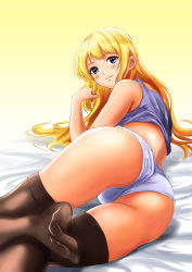 Rule 34 | 1girl, ass, back, backlighting, bad id, bad pixiv id, bed sheet, blonde hair, blue eyes, crop top, feet, from behind, gradient background, hand up, head tilt, highres, light blush, light smile, long hair, looking at viewer, looking back, lying, midriff, no shoes, on side, original, panties, sidelocks, simple background, soles, solo, tank top, thighhighs, underwear, yellow background, yuuuun0218