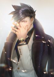 Rule 34 | 1boy, arm up, black hair, coat, earrings, eyebrows hidden by hair, formal, jewelry, light, looking at viewer, original, ring, shipl, short hair, simple background, solo, suit, upper body, watch, white background, yellow eyes