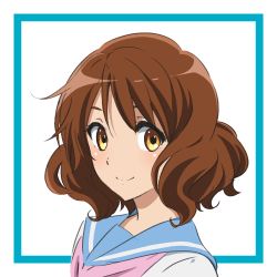 Rule 34 | 1girl, blue sailor collar, blush, brown eyes, brown hair, closed mouth, curly hair, greco, hibike! euphonium, highres, kitauji high school uniform, looking at viewer, neckerchief, oumae kumiko, pink neckerchief, sailor collar, school uniform, serafuku, shirt, short hair, simple background, smile, solo, upper body, white background, white shirt