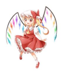 Rule 34 | 1girl, ascot, blonde hair, commentary request, crystal, flandre scarlet, frilled shirt collar, frilled skirt, frilled sleeves, frilled socks, frills, full body, hat, hat ribbon, highres, mary janes, mob cap, open mouth, puffy short sleeves, puffy sleeves, red eyes, red footwear, red ribbon, red skirt, red vest, ribbon, shoes, short sleeves, side ponytail, skirt, socks, solo, touhou, vest, white background, white socks, wings, yamisaki (ymsk xx)