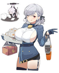 Rule 34 | 2girls, :p, ;p, absurdres, ako (blue archive), ako (blue archive) (cosplay), blue archive, braid, breasts, cosplay, food, girls&#039; frontline, grey hair, highres, hina (blue archive), holding, holding food, hyury, large breasts, multiple girls, one eye closed, red eyes, side braid, sideboob, skindentation, solo focus, spas-12 (girls&#039; frontline), thighhighs, tongue, tongue out, v