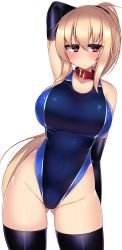 Rule 34 | 1girl, arm up, armpits, black gloves, black thighhighs, blonde hair, blush, breasts, collar, competition swimsuit, elbow gloves, gloves, gluteal fold, hair between eyes, highleg, highleg swimsuit, highres, kubiwa (kutan), kutan, large breasts, long hair, looking at viewer, looking to the side, one-piece swimsuit, original, red eyes, solo, swimsuit, thigh strap, thighhighs, white background