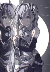 Rule 34 | 2girls, :d, absurdres, ahoge, bare shoulders, belt, black background, collared shirt, commentary request, cowboy shot, detached sleeves, different reflection, dual persona, frilled shirt, frills, greyscale, grin, hair between eyes, hair intakes, hatsune miku, headset, highres, holding hands, kurobikari, long hair, long sleeves, looking at viewer, loose belt, monochrome, multiple girls, number tattoo, open mouth, pleated skirt, reflection, ripples, shirt, sidelocks, skirt, sleeveless, sleeveless shirt, smile, split theme, tattoo, teeth, twintails, two-tone background, ura-omote lovers (vocaloid), very long hair, vocaloid, white background