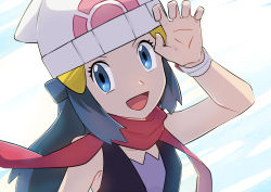 Rule 34 | 1girl, :d, beanie, black hair, blue eyes, commentary request, creatures (company), dawn (pokemon), eyelashes, game freak, hair ornament, hairclip, hat, highres, long hair, looking at viewer, nintendo, open mouth, pokemon, pokemon dppt, poketch, red scarf, scarf, shirt, sidelocks, sleeveless, sleeveless shirt, smile, solo, tongue, upper body, watch, white hat, woda, wristwatch