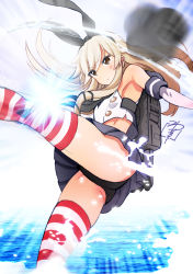 Rule 34 | 10s, 1girl, armpits, ass, backlighting, backpack, bag, bare shoulders, black panties, black ribbon, blonde hair, blue skirt, blush, brown eyes, elbow gloves, from below, gloves, hair ribbon, hairband, kantai collection, kicking, leg up, long hair, machinery, motion blur, neckerchief, outstretched arm, panties, pleated skirt, ribbon, shimakaze (kancolle), shirt, signature, skirt, sleeveless, sleeveless shirt, solo, splashing, standing, standing on one leg, striped clothes, striped thighhighs, sun, sunlight, thighhighs, thighs, underwear, upskirt, water, white gloves, white shirt, yamasaki wataru