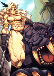 Rule 34 | 1girl, amazon (dragon&#039;s crown), animal, armlet, armor, bikini, bikini armor, black gloves, black panther, blonde hair, breasts, circlet, dragon&#039;s crown, feathers, from above, gloves, feather hair ornament, halberd, koi drake, leg tattoo, looking at viewer, medium breasts, muscular, muscular female, panther, polearm, riding, straddling, swimsuit, tattoo, thick thighs, thighs, thong bikini, weapon