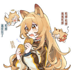 Rule 34 | &gt; &lt;, 1girl, angel, angel wings, animal ears, arknights, baiwei er hao ji, brown jacket, ceobe (arknights), chibi, chibi inset, chinese commentary, chinese text, closed eyes, collar, crying, demon, demon girl, demon horns, demon tail, demon wings, dessert, dog ears, dress, eating, fang, flying sweatdrops, flying teardrops, food, food on face, hair between eyes, halo, holding, holding food, horns, jacket, light blush, light brown hair, long hair, long sleeves, mooncake, multiple views, open mouth, orange eyes, pastry, red dress, simple background, smile, solo focus, sweets, tail, upper body, weibo watermark, white background, white dress, wings