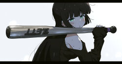 Rule 34 | 1girl, absurdres, aqua eyes, baseball bat, black dress, black hair, bocchi the rock!, dress, ear piercing, from side, goumonsha, highres, hime cut, letterboxed, long hair, long sleeves, looking at viewer, looking to the side, pa-san, piercing, simple background, sleeves past wrists, solo, sweat, upper body, white background