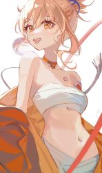 Rule 34 | 1girl, :d, absurdres, bandages, bandeau, bare shoulders, blonde hair, breasts, chest sarashi, chinese commentary, choker, commentary request, genshin impact, highres, medium breasts, midriff, navel, off shoulder, open mouth, orange choker, sarashi, short hair, simple background, smile, solo, stomach, strapless, tube top, upper body, white background, yellow eyes, yoimiya (genshin impact), yutou (yutou75)
