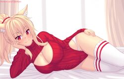 Rule 34 | 1girl, animal ear fluff, animal ears, blonde hair, breasts, cat ears, cleavage cutout, clothing cutout, fang, hand on own cheek, hand on own face, head rest, heattech leotard, highres, impossible clothes, impossible leotard, large breasts, leotard, long hair, long sleeves, looking at viewer, lying, nottytiffy, on side, original, panties, ponytail, red eyes, red leotard, ribbed leotard, slit pupils, smile, solo, striped clothes, striped thighhighs, thighhighs, tiffy (nottytiffy), turtleneck, underwear, white panties, white thighhighs