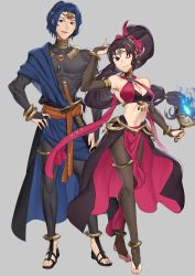 Rule 34 | 1boy, 1girl, absurdres, alternate costume, anklet, arm up, bare shoulders, black hair, blue eyes, blue hair, bodystocking, bodysuit, breasts, bridal gauntlets, brown eyes, cleavage, closed mouth, earrings, ebinku, feathers, fingerless gloves, fingernails, fire emblem, fire emblem: thracia 776, fire emblem heroes, full body, gloves, gradient clothes, hair ornament, highres, holding, jewelry, lara (fire emblem), lips, loincloth, long hair, looking at viewer, medium breasts, midriff, muscular, nail polish, navel, nintendo, one eye closed, open mouth, pelvic curtain, perne (fire emblem), ponytail, revealing clothes, sandals, sheath, sheathed, shiny clothes, silver background, simple background, skin tight, smile, standing, sword, tiara, toe ring, toeless footwear, toeless legwear, toes, toned, weapon
