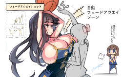 Rule 34 | 3girls, artist name, basketball, basketball uniform, between breasts, black hair, blocking, breasts, expressionless, flat chest, head between breasts, humiliation, large breasts, long hair, multiple girls, playing, ribbon, size difference, small breasts, sportswear, sweat, translated, tutorial, zerion