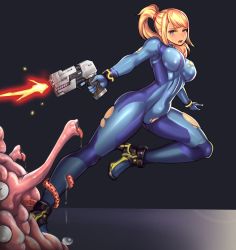 Rule 34 | 1girl, absurdres, blonde hair, bodysuit, breasts, cameltoe, clyde s, covered navel, gun, highres, imminent rape, large breasts, metroid, monster, nintendo, ponytail, samus aran, skin tight, torn clothes, weapon, zero suit
