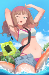 Rule 34 | 1girl, alternate breast size, armpits, arms behind head, bag, between breasts, bikini, bikini under clothes, blue shorts, breasts, brown hair, cellphone, cloud, commission, day, green eyes, gridman universe, gulim, handbag, highleg, highleg bikini, highres, inflatable toy, layered bikini, long hair, looking at viewer, medium breasts, minami yume, navel, one eye closed, open clothes, open mouth, open shorts, outdoors, phone, pink bikini, pixiv commission, short shorts, shorts, sky, smartphone, smile, solo, ssss.dynazenon, stomach, straddling, strap between breasts, swimsuit, transparent, water, water drop, white bikini
