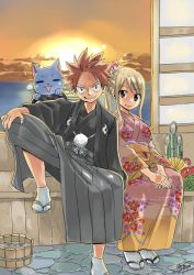 Rule 34 | 1boy, 1girl, blonde hair, cleaned, fairy tail, flower, hand tattoo, haori, happy (fairy tail), japanese clothes, kimono, looking at viewer, lucy heartfilia, mashima hiro, natsu dragneel, official art, pink hair, sandals, sitting, smile, socks, spiked hair, sun, sunset, tattoo