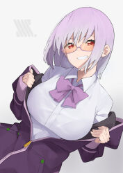 Rule 34 | 1girl, absurdres, breasts, collared shirt, dot nose, glasses, gridman universe, head tilt, highres, jacket, large breasts, long sleeves, looking at viewer, medium hair, off shoulder, partially unzipped, purple hair, purple ribbon, red eyes, ribbon, shinjou akane, shirt, simple background, smile, ssss.gridman, takita (takita3411), teeth, white background, white shirt