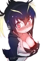 Rule 34 | 1girl, black hair, blonde hair, blush, breasts, commentary, downblouse, drawstring, hair between eyes, headphones, highres, hood, hood down, hoodie, kemono friends, looking at viewer, masuyama ryou, medium breasts, multicolored hair, nipples, no bra, penguin tail, red eyes, red hair, rockhopper penguin (kemono friends), short hair, simple background, sketch, solo, tail, twintails, v-shaped eyebrows, wavy mouth, white background