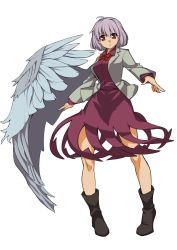 Rule 34 | 1girl, ahoge, bad anatomy, blush, boots, bow, bowtie, d:, dress, full body, jacket, kishin sagume, legs apart, long sleeves, looking at viewer, open mouth, purple dress, red bow, red eyes, short hair, signature, silver hair, single wing, solo, standing, touhou, umigarasu (kitsune1963), white background, wings