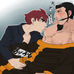 Rule 34 | 2boys, age difference, babel ii, bara, blush, bulge, character request, clothed sex, crotch, gag, groping, multiple boys, nipples, pectorals, restrained, smaller dominant, sweat, tomato (id=7264305), yaoi