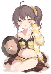 Rule 34 | 1girl, ahoge, bare shoulders, belly, blue eyes, brown hair, camisole, collarbone, ebi frion (natsuiro matsuri), frilled camisole, frills, hair between eyes, highres, hololive, jacket, long sleeves, natsuiro matsuri, natsuiro matsuri (matsuri&#039;s day off), navel, one eye closed, orange shorts, rubbing eyes, saliva, short hair, short shorts, shorts, side ponytail, single tear, sitting, solo, stomach, strap slip, striped clothes, striped jacket, stuffed animal, stuffed toy, teardrop, triangle mouth, usanta, virtual youtuber, yellow camisole, yellow jacket