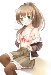 Rule 34 | 10s, 1girl, ^^^, animal print, aqua eyes, bear print, blush, bra, breasts, brown hair, brown skirt, brown thighhighs, cleavage, frilled skirt, frills, hair ornament, kantai collection, kumano (kancolle), long hair, nikoo, open clothes, open mouth, over-kneehighs, pleated skirt, ponytail, ribbon, school uniform, skirt, solo, thighhighs, underwear, zettai ryouiki
