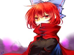 Rule 34 | 1girl, bow, cape, covered mouth, hair bow, kutsuki kai, looking at viewer, red eyes, red hair, sekibanki, serious, short hair, solo, touhou, tunic, upper body