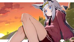 Rule 34 | 1girl, absurdres, animal ears, cloud, cloudy sky, commentary request, commission, day, ear ornament, gym shorts, gym uniform, hair ornament, highres, horse ears, horse girl, jacket, leaning back, long hair, long sleeves, looking at viewer, oguri cap (umamusume), orange sky, outdoors, parted lips, red jacket, red shorts, shorts, sitting, skeb commission, sky, solo, sunset, tamukoro, track jacket, umamusume