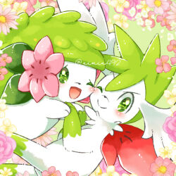 Rule 34 | ;d, aimi (aimia492), artist name, blush, cheek-to-cheek, closed mouth, commentary request, creatures (company), flower, game freak, gen 4 pokemon, green background, green eyes, heads together, holding hands, legendary pokemon, looking at viewer, mythical pokemon, nintendo, no humans, one eye closed, open mouth, pink flower, pink rose, pokemon, pokemon (creature), rose, shaymin, shaymin (land), shaymin (sky), simple background, smile, twitter username, v-shaped eyebrows, white flower, yellow flower