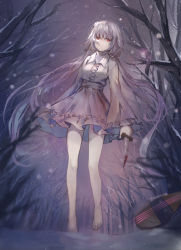 Rule 34 | 1girl, alternate eye color, bare legs, bare tree, barefoot, biwa lute, blood, bloody knife, bloody weapon, commentary, cross-laced clothes, dress, flower, frilled shirt collar, frilled sleeves, frills, grey dress, hair between eyes, hair flower, hair ornament, holding, holding knife, holding weapon, instrument, kita (kitairoha), knife, left-handed, light particles, long hair, long sleeves, looking at viewer, low twintails, lute (instrument), nail polish, night, night sky, outdoors, purple hair, red eyes, sky, snowing, solo, staff (music), standing, thighs, toenail polish, toenails, touhou, tree, tsukumo benben, twintails, very long hair, weapon, white flower, wide sleeves