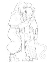 Rule 34 | 1boy, 1girl, absurdly long hair, absurdres, ahoge, ainu clothes, animal ears, aquaplus, blush, boots, cat tail, dress, from behind, full body, greyscale, hair ornament, haku (utawarerumono), height difference, high ponytail, highres, kiss, kissing forehead, kuon (utawarerumono), layered sleeves, long hair, long sleeves, looking at another, low-tied long hair, micon hnhn, monochrome, ponytail, sidelocks, standing, tail, utawarerumono, utawarerumono: itsuwari no kamen, very long hair, wide sleeves
