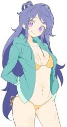 Rule 34 | 1girl, :q, absurdres, bad id, bad twitter id, bikini, blue hair, breasts, cleavage, closed mouth, cowboy shot, donguri suzume, highres, long hair, long sleeves, looking at viewer, medium breasts, navel, original, purple eyes, side-tie bikini bottom, sidelocks, simple background, solo, swimsuit, tongue, tongue out, very long hair, white background, yellow bikini