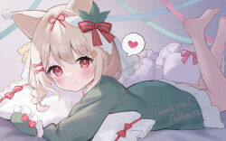 Rule 34 | 1girl, animal ears, barefoot, blonde hair, blush, bow, cat ears, character request, closed mouth, commission, copyright request, hair bow, heart, highres, legs up, long sleeves, looking at viewer, lying, meibi 1, on stomach, pillow, red bow, red eyes, skeb commission, sleeves past fingers, sleeves past wrists, smile, soles, solo, spoken heart