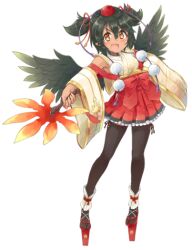 Rule 34 | 1girl, artist request, black hair, black thighhighs, black wings, blush, bow, brown eyes, detached sleeves, feathered wings, full body, game cg, geta, hair between eyes, hand fan, hauchiwa, holding, holding fan, looking at viewer, monster musume no iru nichijou, monster musume no iru nichijou online, official art, open mouth, pointy ears, red bow, red skirt, shizuka (monster musume), short hair, short twintails, side-tie thighhighs, skirt, solo, tachi-e, tengu-geta, thighhighs, transparent background, twintails, wide sleeves, wings, zettai ryouiki