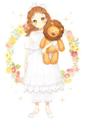 Rule 34 | 1girl, absurdres, bloomers, blue flower, blush, bow, brown hair, closed mouth, collarbone, dress, floral background, flower, forehead, full body, hair bow, head tilt, highres, long hair, looking at viewer, hugging object, original, pink flower, red flower, see-through, shoes, simple background, solo, sparkle, standing, stuffed animal, stuffed lion, stuffed toy, suzuki moeko, underwear, white background, white bloomers, white bow, white dress, white footwear, yellow eyes, yellow flower