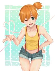 Rule 34 | 1girl, aqua background, bare shoulders, breasts, collarbone, creatures (company), cropped legs, denim, denim shorts, game freak, green eyes, hand on own hip, heart, highres, looking at viewer, midriff, misty (pokemon), navel, nintendo, one eye closed, open mouth, orange hair, pokemon, pokemon (anime), pokemon (classic anime), shirt, short hair, short ponytail, short shorts, shorts, side ponytail, simple background, sleeveless, sleeveless shirt, small breasts, smile, solo, suspenders, tank top, tasupo, thigh gap, wide hips, wide ponytail, wink, yellow shirt