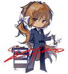 Rule 34 | 1girl, bell, black pants, bow, brown hairband, butler, chibi, collared shirt, cross tie, female butler, full body, g7cdpdto2i6hot6, hair bow, hairband, holding, holding bell, ishmael (project moon), limbus company, long hair, looking at viewer, low ponytail, orange eyes, orange hair, pants, project moon, rope, sample watermark, shirt, side ponytail, simple background, solo, tray, very long hair, watermark, white background, white bow, white shirt