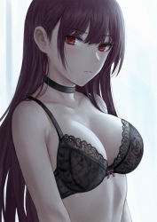 Rule 34 | 1girl, bare arms, bare shoulders, black bra, black choker, blush, bra, breasts, choker, cleavage, closed mouth, collarbone, from side, girls&#039; frontline, highres, large breasts, long hair, looking at viewer, purple hair, red eyes, selcky, solo, underwear, upper body, wa2000 (girls&#039; frontline)