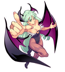 Rule 34 | 1girl, amachu a, bat wings, breasts, brown pantyhose, cleavage, clothing cutout, commentary, foreshortening, full body, green eyes, green hair, head wings, heart cutout, highleg, highleg leotard, highres, leotard, long hair, medium breasts, morrigan aensland, pantyhose, pointing, pointing at viewer, solo, strapless, strapless leotard, vampire (game), very long hair, wings
