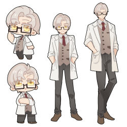 Rule 34 | 1boy, black pants, brown footwear, brown vest, chibi, closed eyes, closed mouth, coat, collared shirt, formal, full body, glasses, hands in pockets, highres, looking at viewer, male focus, mole, mole under eye, multiple views, necktie, open mouth, pants, red necktie, remosea, semi-rimless eyewear, shirt, simple background, smile, standing, tears of themis, vest, vyn richter (tears of themis), white background, white coat, white hair, white shirt, yellow eyes
