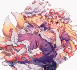 Rule 34 | 2girls, :/, blonde hair, blush, bow, breasts, brooch, brown eyes, carrying, cleavage, closed eyes, closed mouth, collarbone, commentary request, dress, elbow gloves, fingernails, fluffy, footwear bow, fox tail, frilled dress, frills, full-face blush, furrowed brow, gloves, gold trim, hair between eyes, hair ribbon, hand on another&#039;s shoulder, hat, heart, heart-shaped pupils, jewelry, large breasts, long hair, long sleeves, looking at another, mary janes, masanaga (tsukasa), mob cap, multiple girls, nose blush, pout, princess carry, puffy short sleeves, puffy sleeves, purple dress, red footwear, red ribbon, ribbon, shoes, short hair, short sleeves, simple background, standing, sweatdrop, symbol-shaped pupils, tabard, tail, touhou, tress ribbon, upper body, white background, white gloves, white headwear, white legwear, white sleeves, wide sleeves, yakumo ran, yakumo yukari, yuri