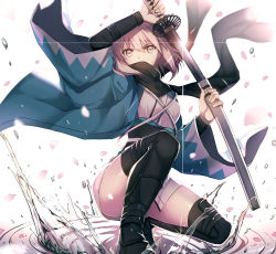 Rule 34 | 1girl, absurdres, akami fumio, arm guards, arm up, black footwear, black scarf, blonde hair, cherry blossoms, commentary request, covered mouth, diffraction spikes, fate (series), floating hair, hair between eyes, haori, highres, holding, holding sheath, holding sword, holding weapon, japanese clothes, katana, kimono, koha-ace, long sleeves, looking at viewer, medium hair, obi, okita souji (fate), okita souji (koha-ace), petals, sash, scabbard, scarf, serious, sheath, shinsengumi, short kimono, simple background, solo, squatting, sword, toeless legwear, unsheathing, v-shaped eyebrows, water, water drop, weapon, white background, white kimono, wide sleeves, wind, yellow eyes