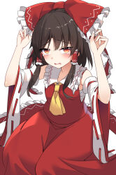 Rule 34 | 1girl, ascot, bare shoulders, blush, bow, brown hair, crying, crying with eyes open, detached sleeves, e.o., hair bow, hair tubes, hakurei reimu, highres, japanese clothes, long hair, nontraditional miko, open mouth, red bow, red eyes, red skirt, ribbon-trimmed sleeves, ribbon trim, sidelocks, simple background, skirt, solo, tears, touhou, white background, white sleeves, wide sleeves, yellow ascot