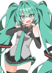 Rule 34 | 1girl, absurdres, bare shoulders, black gloves, black skirt, black thighhighs, blush, bright pupils, collared shirt, commentary, cowboy shot, elbow gloves, gloves, green eyes, green hair, green necktie, grey shirt, hair ornament, hands up, hatsune miku, heart, heart hands, highres, long hair, looking at viewer, miniskirt, necktie, open mouth, pleated skirt, shirt, simple background, skirt, sleeveless, sleeveless shirt, smile, solo, standing, symbol-only commentary, thighhighs, thighs, twintails, uruti 2388, very long hair, vocaloid, white background, white pupils